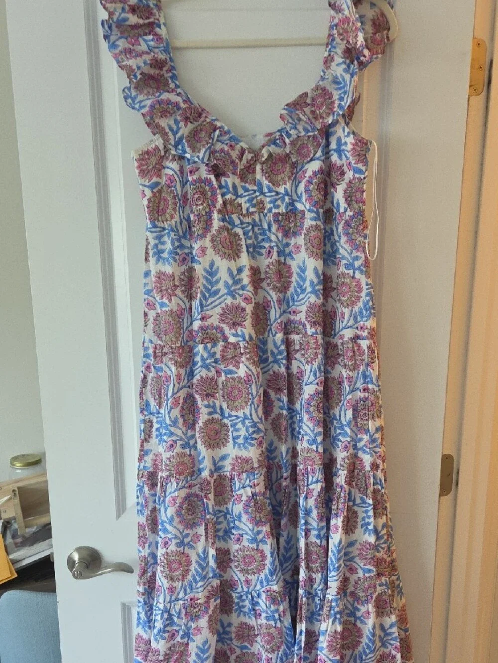 Floral Ruffle-Trim Sleeveless Summer Dress - Blue & Pink